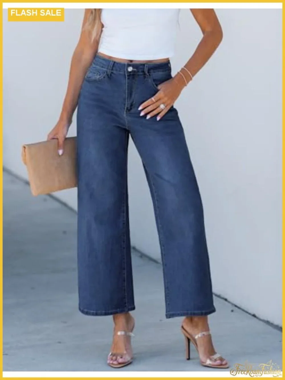 Wide Leg High Waist Cropped Stretch Denim Jeans 5-Pocket